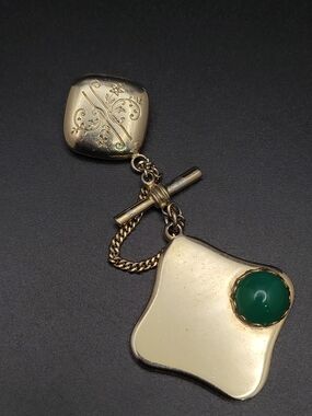 Vintage Victorian Style Watch Fob Brooch Green Cabochon Gold Tone